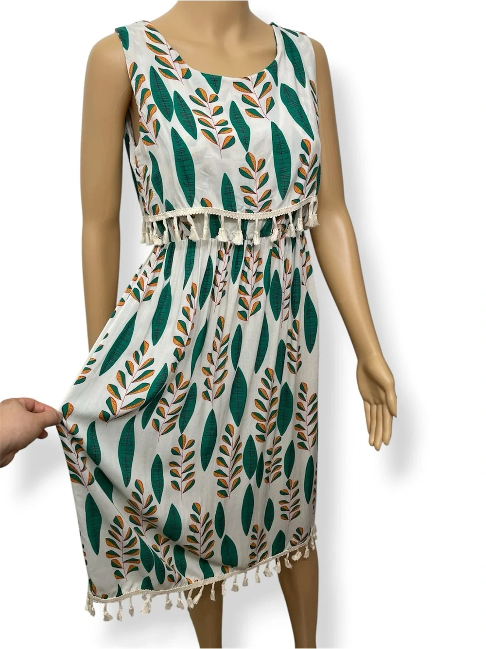 Cotton Sleeveless Leaf Print Tassel Hem Summer Mini Dress - White/Green size S - Picture 5 of 7